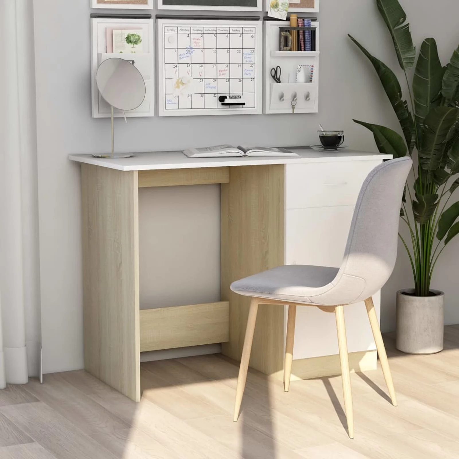 moobody Computer Desk with Storage Drawer and Door Cabinet Chipboard Writing Desk Multifuctional Workstation White and Sonoma Oak Home Office Furniture 39.4 x 19.7 x 29.9 Inches (L x W x H)