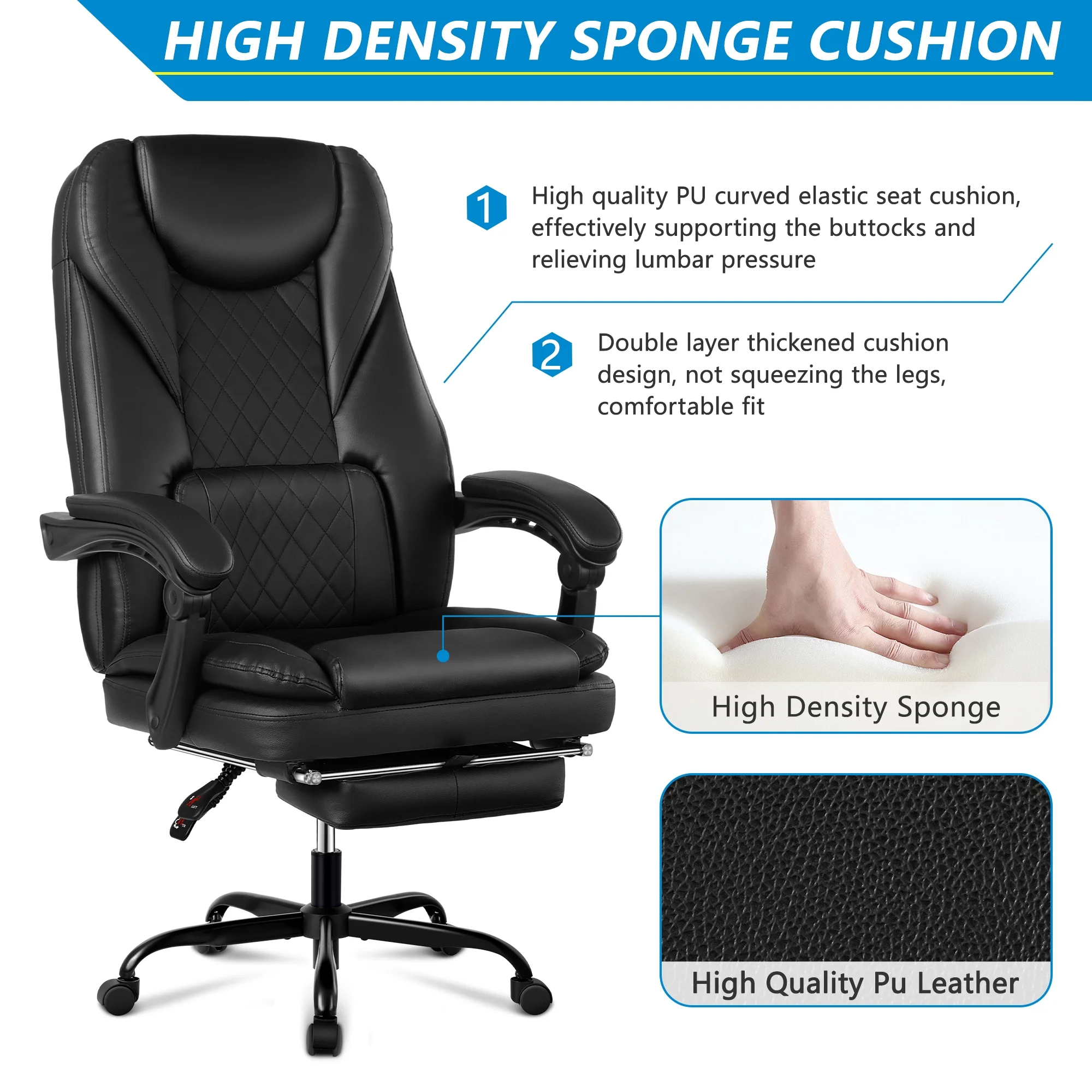 Coolhut Executive Office Chair, Big and Tall Office Chair with Foot Rest Reclining Leather Chair High Back Home Office Desk Chairs with Lumbar Support Ergonomic Office Chair with Padded Armrests,Black