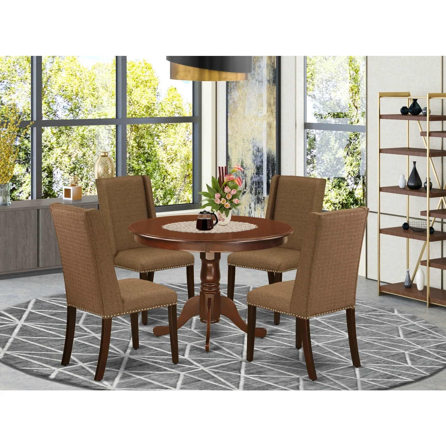 HomeStock Artisanal Artistry Furniture Hlfl5-Mah-18 5-Piece Dining Room Set- 4 Upholstered Dining Chairs And Round Table Hardwood Structure -High Back & Mahogany Finish