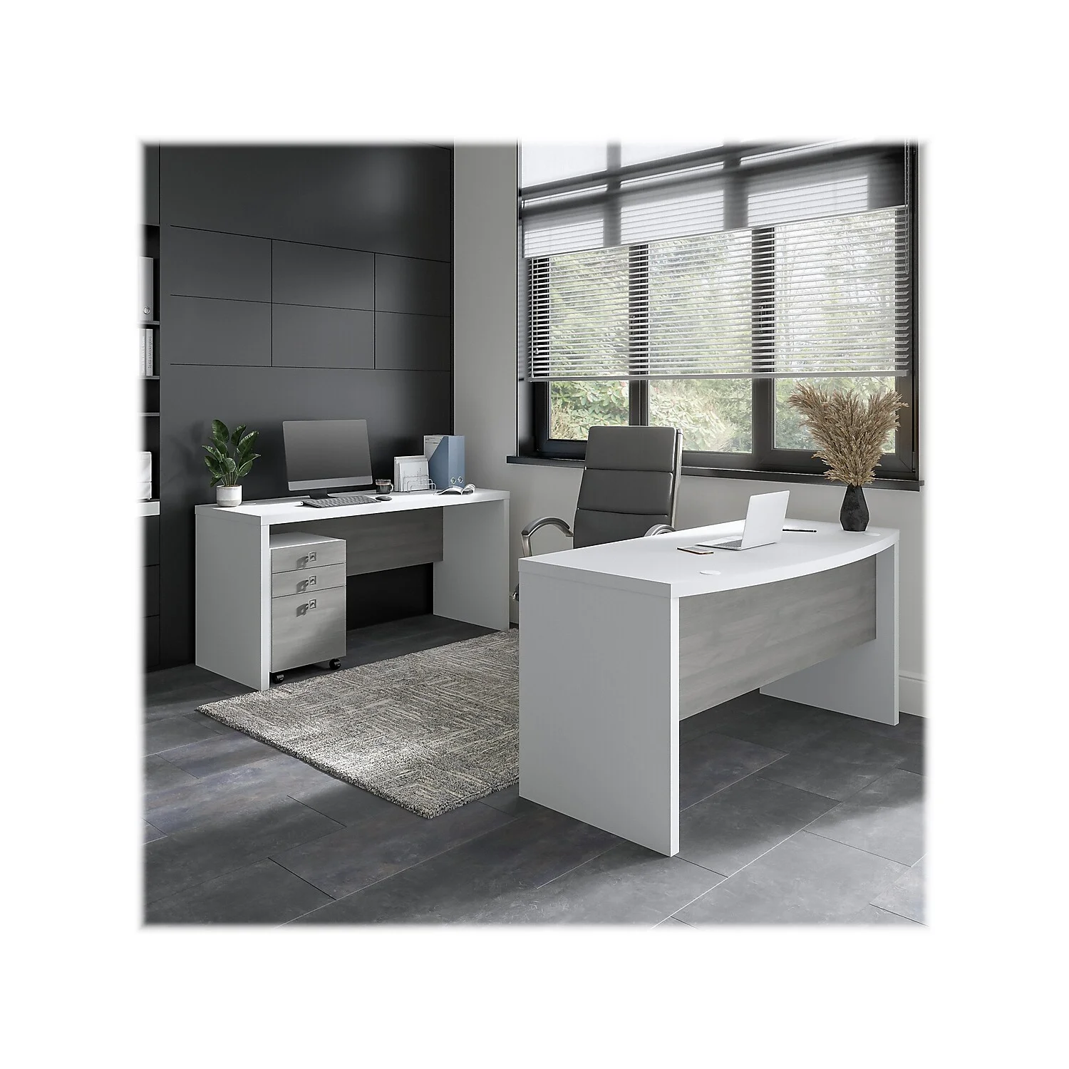 Bush Business Furniture Echo Bow Front Desk and Credenza with Mobile File Cabinet Pure White/Modern