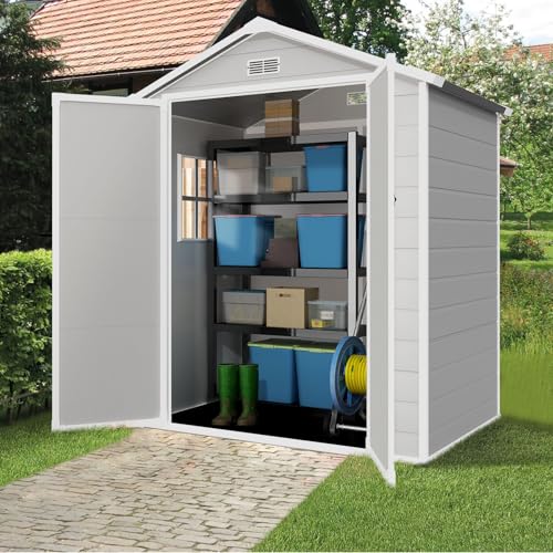 Resin Shed,Outdoor Storage Shed with Floor,Plastic Storage House with Floor for Garden Tool,Waterproof Outdoor Resin Shed,Lockable Doors for Patio,Yard,Lawn (6 * 4.4 FT)