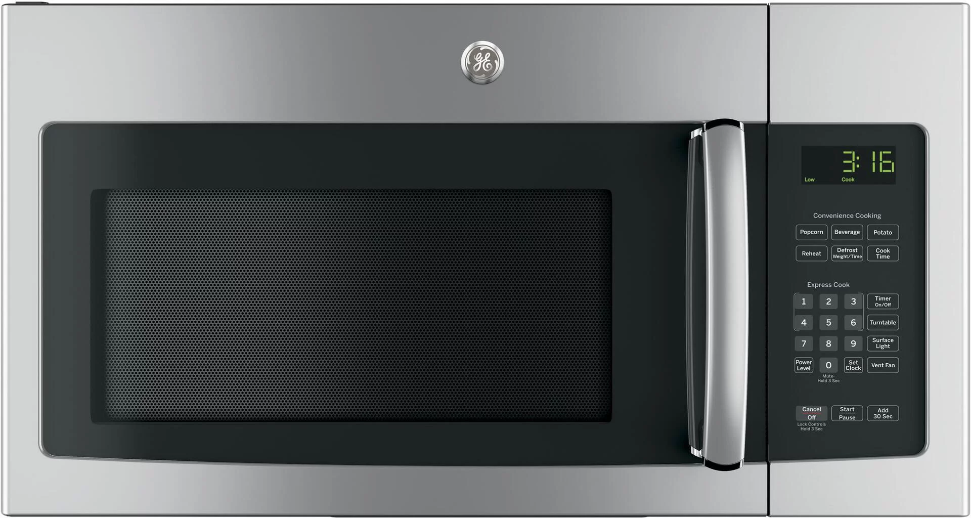 GE® Appliances 1.6 cu. ft. Over-The-Range Microwave Oven model JVM3162RJSS in Stainless Steel.