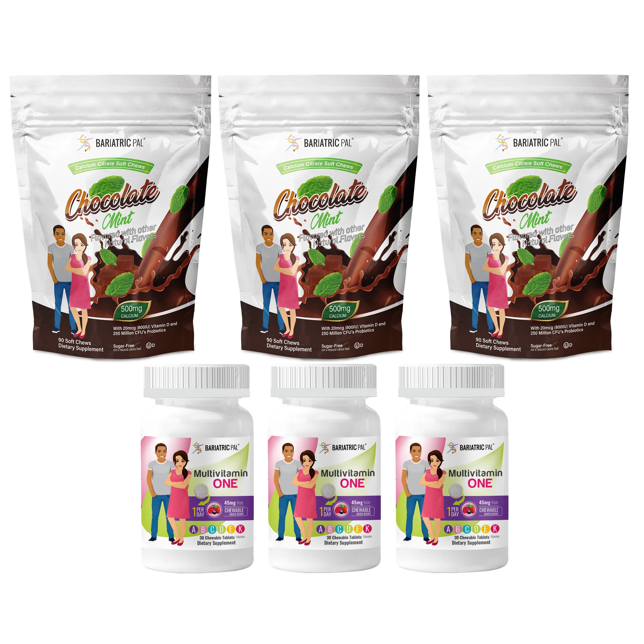 Duodenal Switch Vitamin Pack - Chewables Size: 3-Month Supply, BariatricPal Multivitamin ONE: Mixed Berry Chewable with 45mg Iron, BariatricPal Calcium Citrate Soft Chews: Chocolate Mint