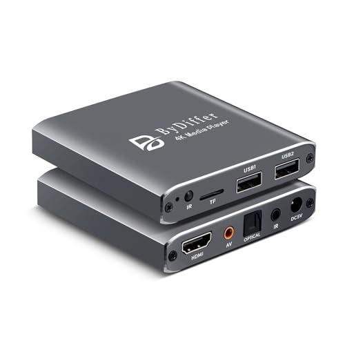 ByDiffer 4K Ultra HD Digital Media Player, TV MP4 Video Player for USB Drive/Micro SD Card, H.265/HEVC, Digital Signage, Auto Playback, HDMI/AV/Optical Output (Grey)