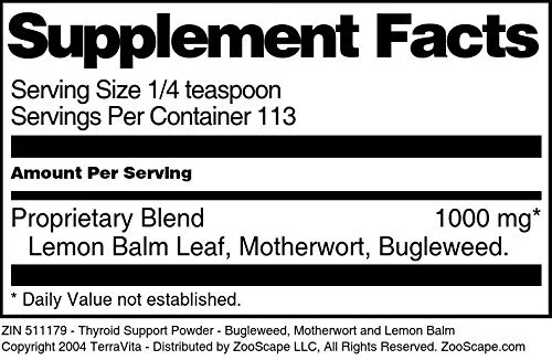 TerraVita Thyroid Support Powder - Bugleweed, Motherwort and Lemon Balm (4 oz, ZIN: 511179)