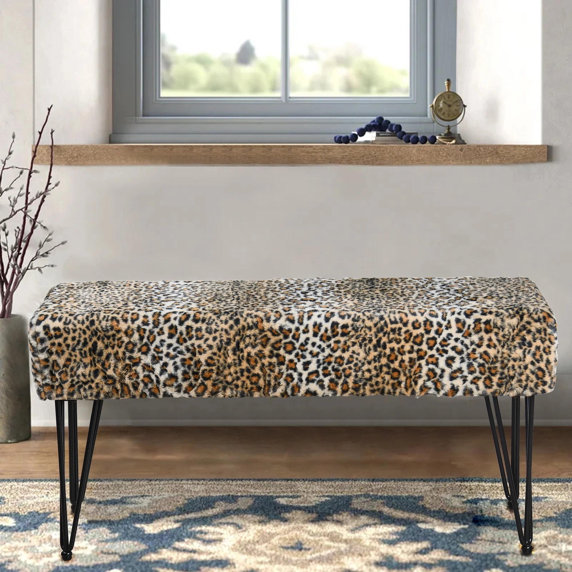 Home Soft Things Faux Fur Ottoman- Leopard - Black Leg - 46x16x22