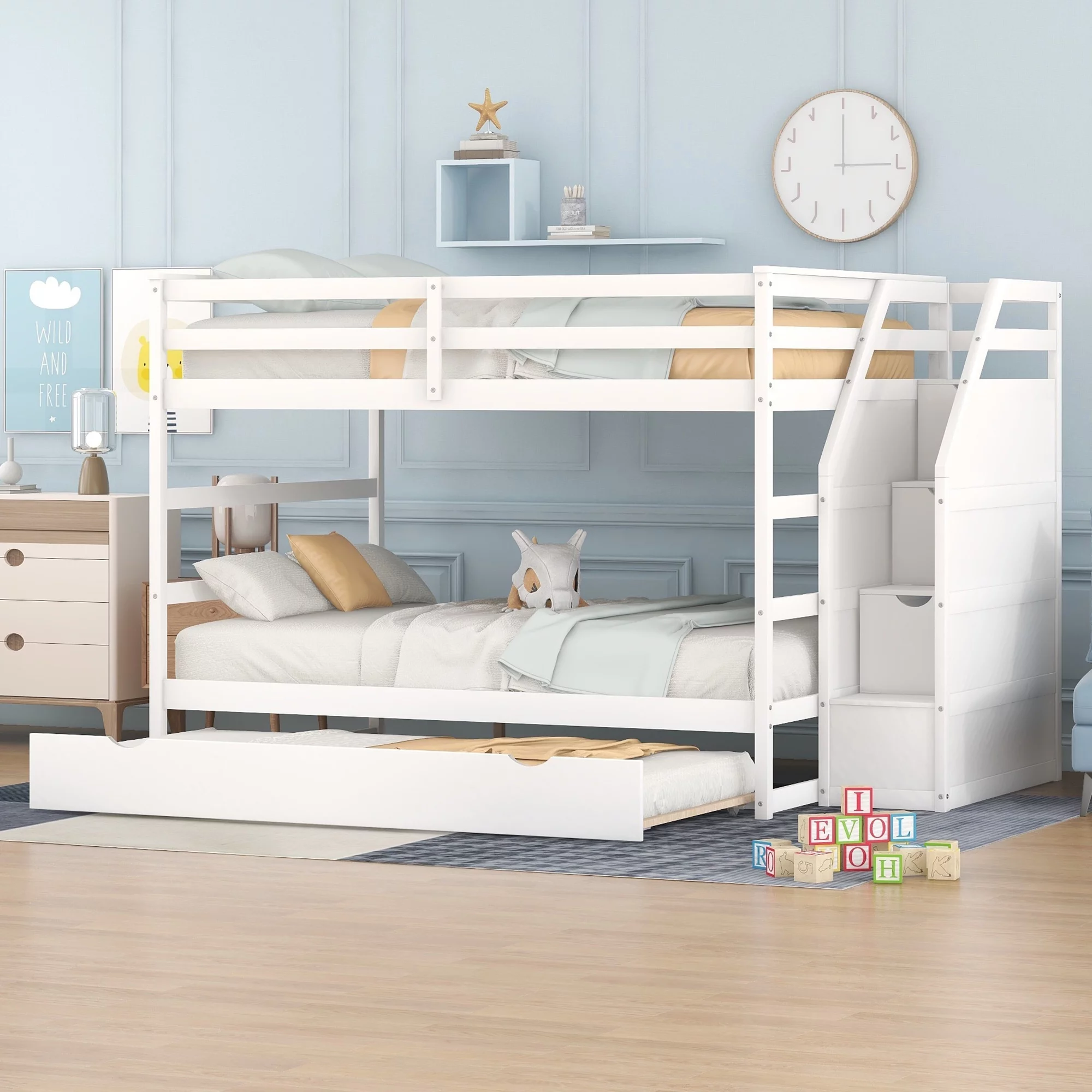 Solid Wood Full-Over-Full Bunk Bed with Twin Size Trundle, 3 Storage Stairs and Guard Rail, Full over Full Bunk Bed with Trundle for Toddler Kids Teens(White)