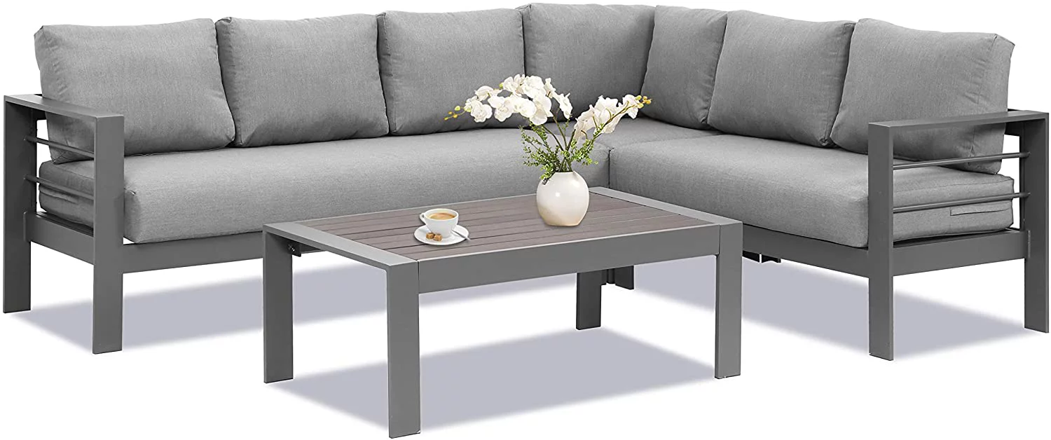Superjoe 4 Pieces Outdoor Aluminum Furniture Set, Patio Sectional Sofa Couch - Conversation Set with Coffee Table and Sofa, Gray