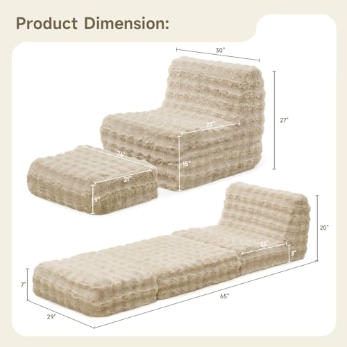 Giant Bean Bag Chair for Adults with Ottoman, Fur Faux Beanbag Sofa Bed with Memory Foam Filled,Plush Lazy Floor Sofa with Footstool Couch for Living Room,Bedroom,Dorm, Apartment,Beige