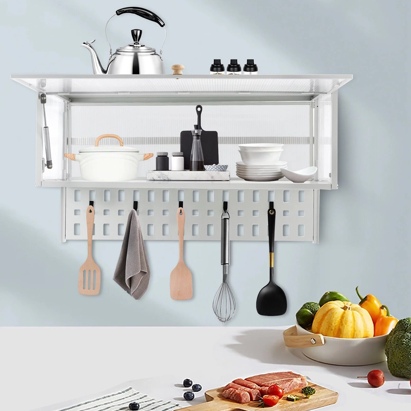 Miumaeov Wall Mounted Cabinet w/ Flip-Up Door Kitchen Pantry Storage Organizer Cabinet with 5x Hooks &Hanging Board