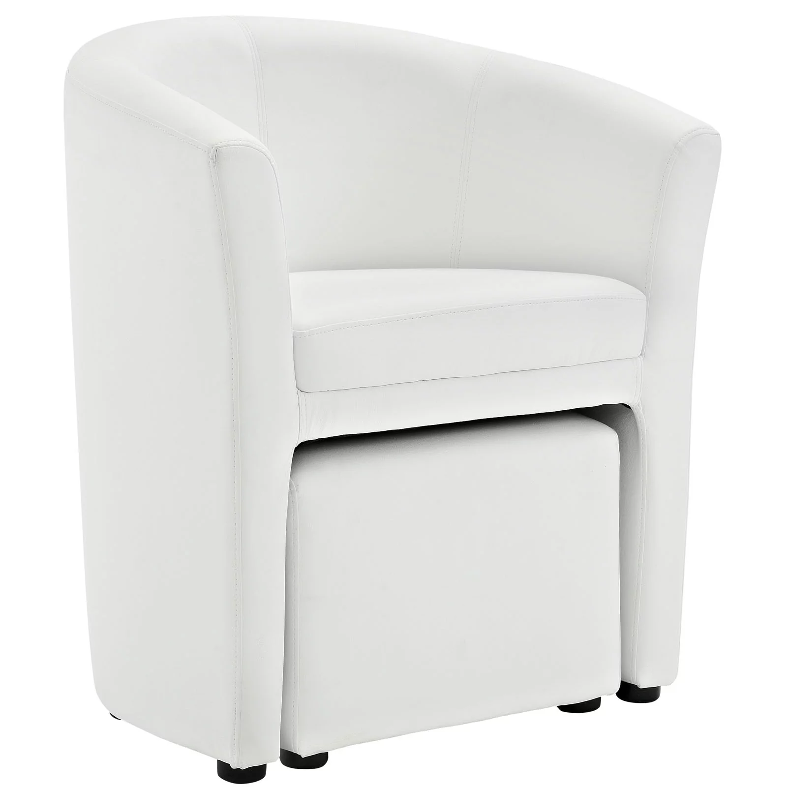 Modern Contemporary Armchair and Ottoman, White Faux Leather