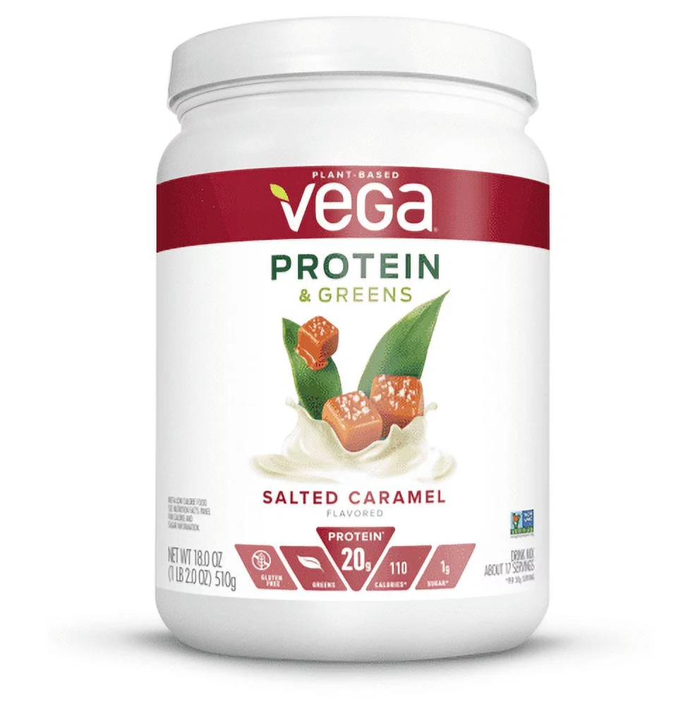 Vega Plant Protein & Greens Powder, Salted Caramel, 20g Protein, 1.1 Lb