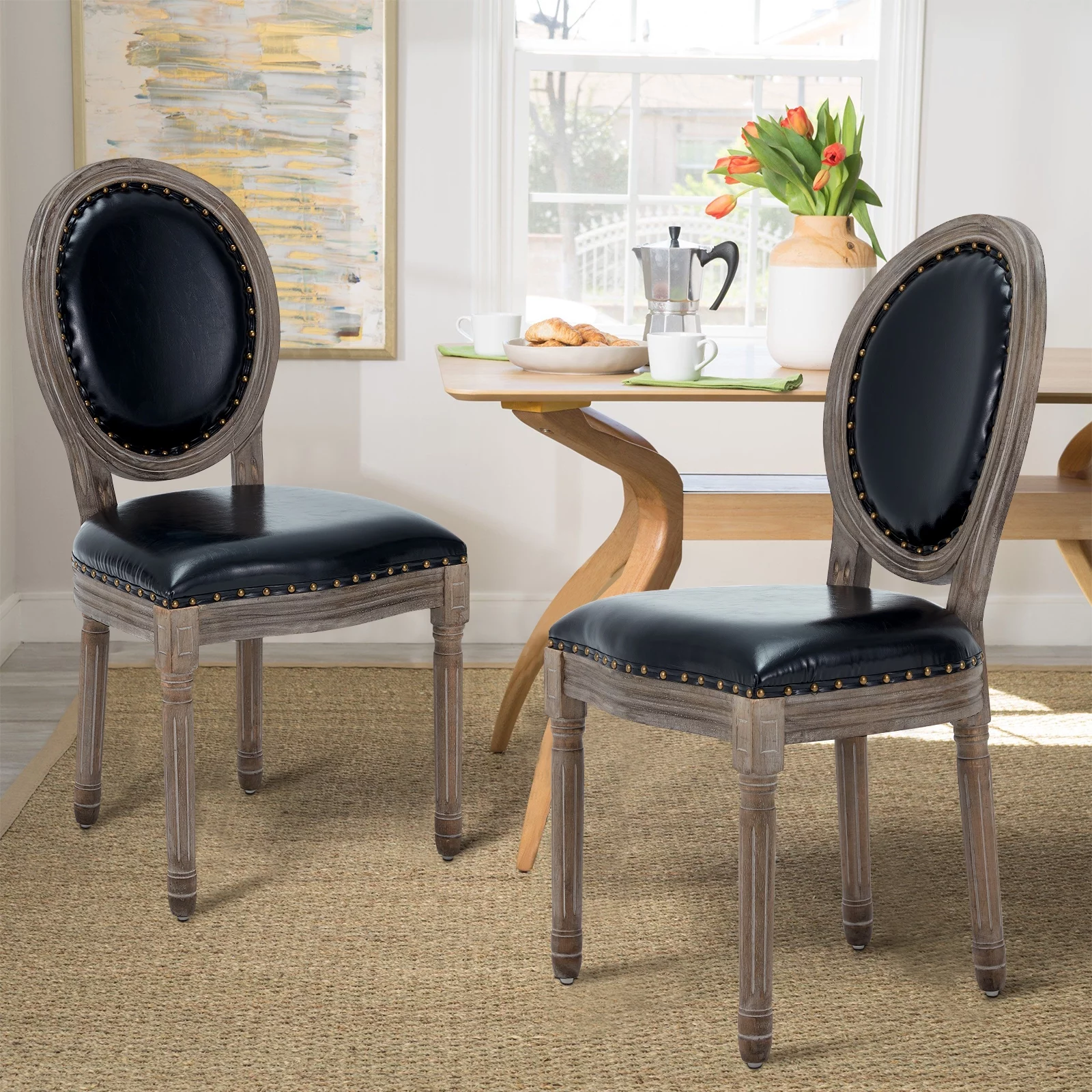 AVAWING Farmhouse Leather Dining Room Chairs 2 PCS, French Chairs with Round Back, Brown Wood Legs, Oval Side Chairs for Dining Room/Living Room/Kitchen/Restaurant, Black