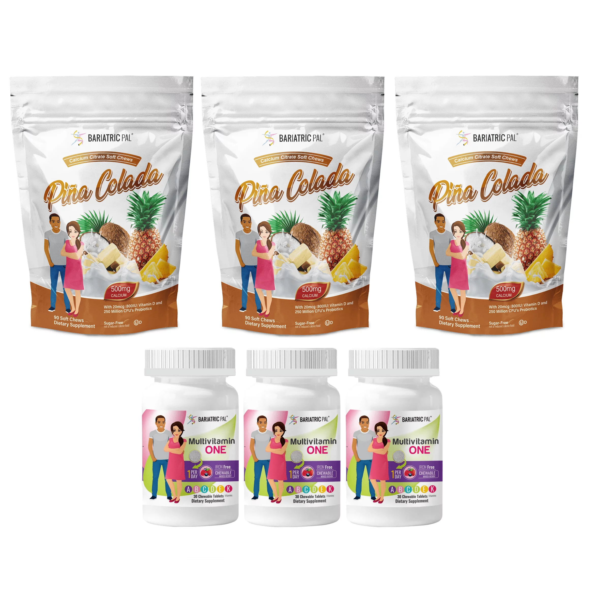 Duodenal Switch Vitamin Pack - Chewables Size: 3-Month Supply, BariatricPal Multivitamin ONE: Mixed Berry Chewable - Iron Free, BariatricPal Calcium Citrate Soft Chews: Piña Colada
