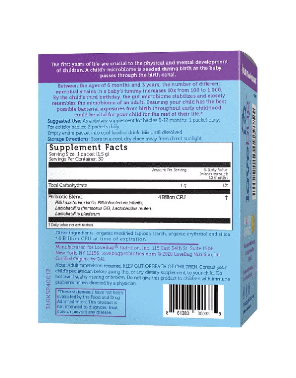 LoveBug Probiotics Award Winning USDA Organic Probiotic for Babies, 6-12 Months, 30 Packets