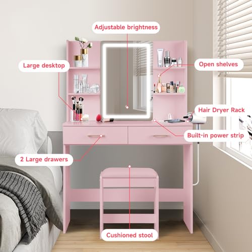 Vanity Set with Lights and Stool, Vanity Desk with Mirror and Lights，Vanity Power Outlet,Vanity Desk with Drawers, White Vanity with Lighted Mirror，Dressing Table Set with 2 Large Drawers
