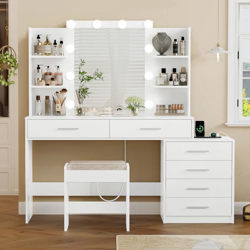 Quimoo Large Vanity Desk with LED Lighted Mirror & Power Outlet,Makeup Vanity Table with 7 Drawers,4 Shelves and 5 Hooks,Vanity Table, Vanity Desk Set for Bedroom,Bathroom,White