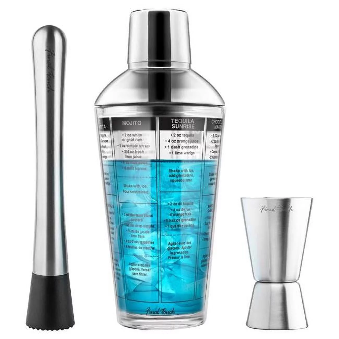 16 oz Glass & Stainless Steel Bar Tool Set, Multi Color