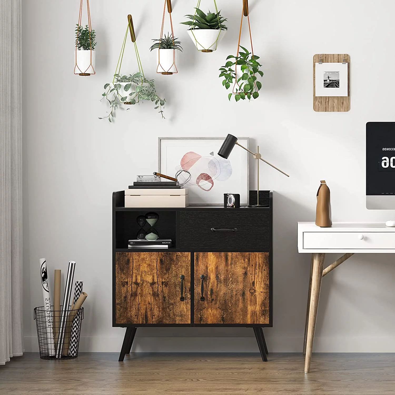 TJUNBOLIFE Cabinet with 1 Drawer 2 Doors 1 Open Shelves  Free Standing Cupboard with 4 Legs  Accent Side Cabinet  Wooden Sideboard  Organizer for Bedroom Home Office  FJGS-ST13WT