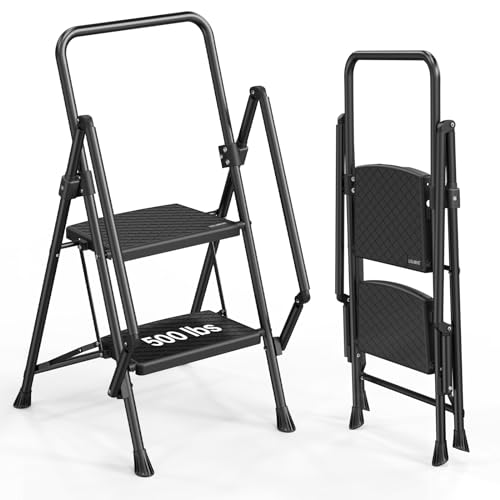 LUISLADDERS 3 Step Ladder with Handrails, Folding Step Stool with Widened Anti-Slip Pedal, 500lbs Lightweight Step Ladder 3 Step Folding, Multi-use for Home Kitchen Pantry Office, Black