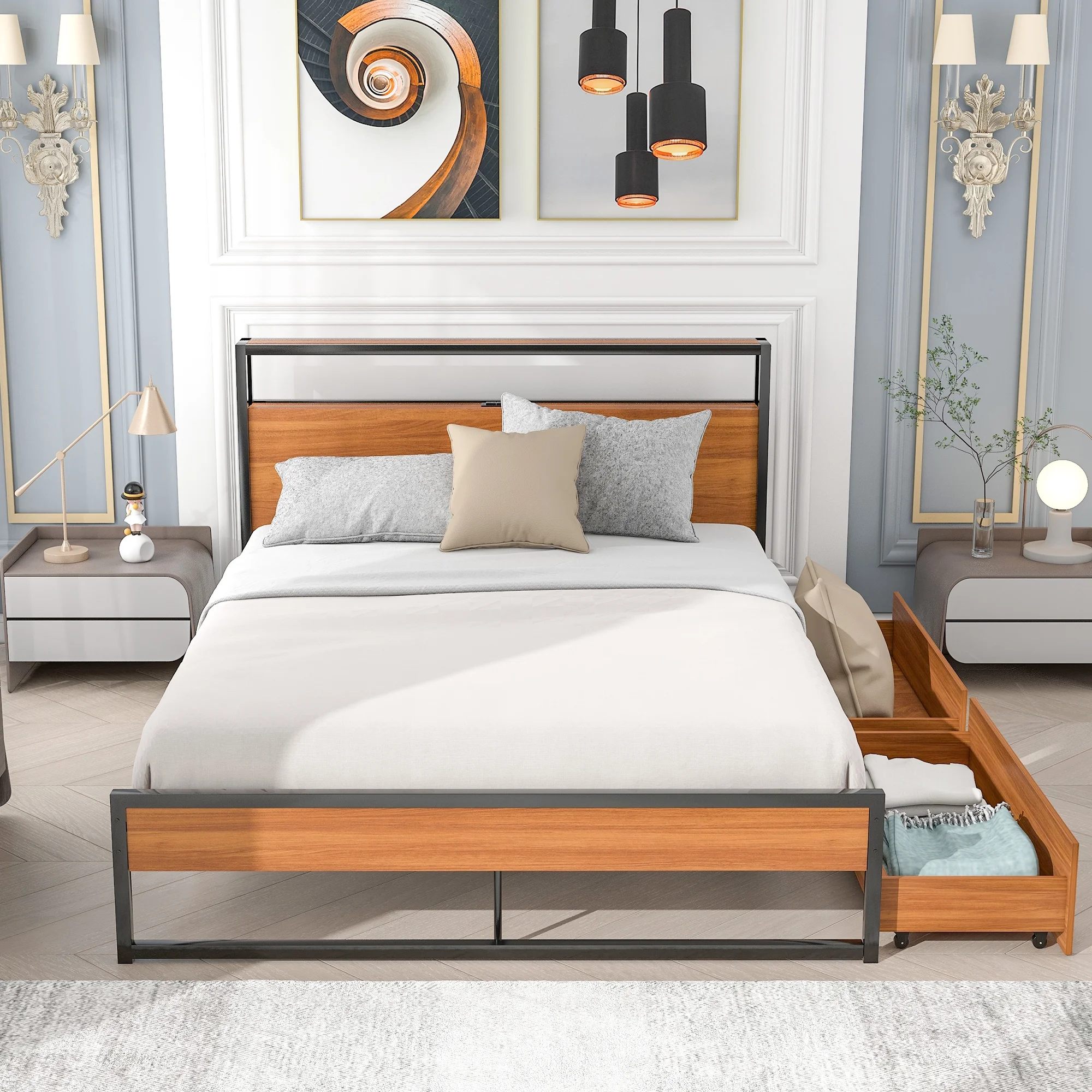 BTMWAY Metal Queen Bed Frame, Queen Size Platform Bed Frames with Wood Headboard, 2 Drawers, Sockets and USB Ports for Bedroom, No Box Spring Needed, Black