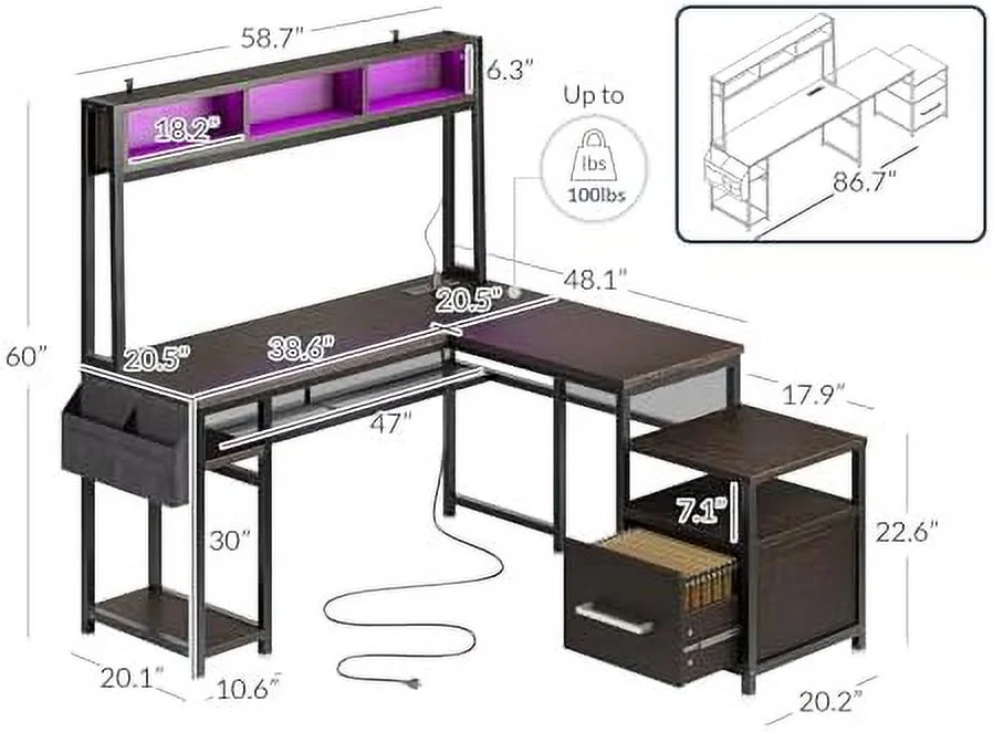 RUNFAYBIU Computer Desk with Monitor Stand and File Cabinet  104" Long Gaming Desk with RGB LED Lights and USB AC Outlet  Reversible L-Shaped Desk for Home Office (Eclipse - Brown)