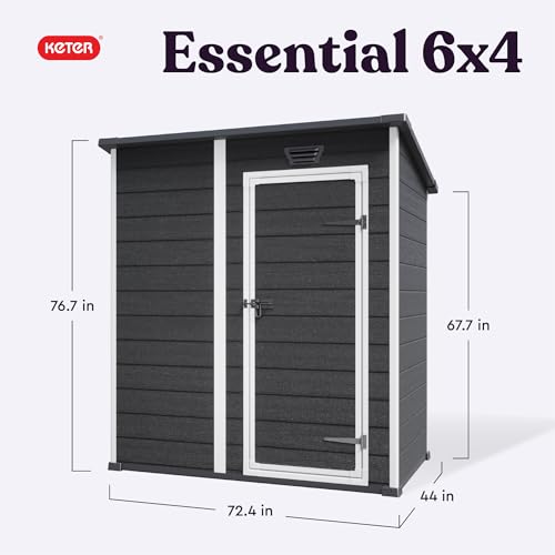 Keter Essential Shed 4x6 Resin Outdoor Storage Shed Ideal Storage for Patio Furniture, Garden Tools Bike Accessories, Beach Chairs and Lawn Mower, Black and White
