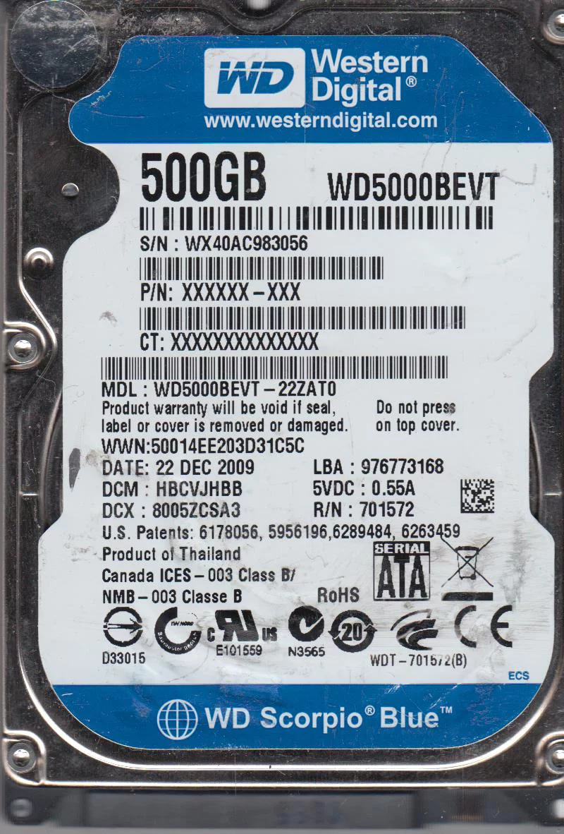 WD5000BEVT-22ZAT0, DCM HBCVJHBB, Western Digital 500GB SATA 2.5 Hard Drive