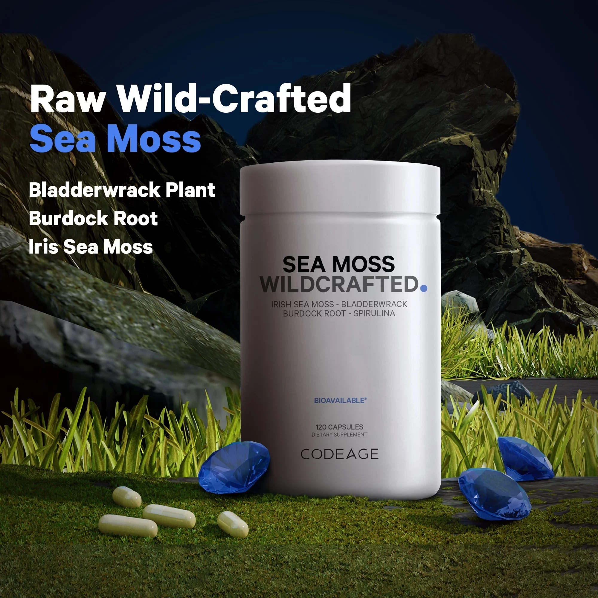 Codeage Raw Wildcrafted Irish Sea Moss, Bladderwrack, Burdock Root, Spirulina & BioPerine® Pepper, 120 ct