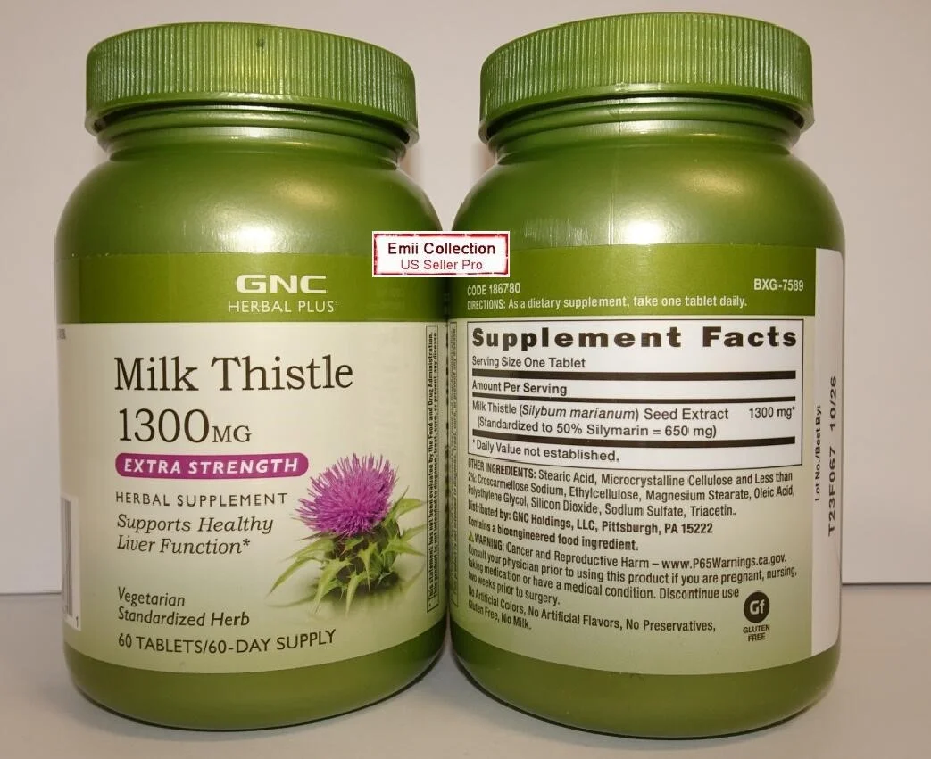 GNC Herbal Plus Milk Thistle 1300MG Extra Strength Support Healthy Liver Function 60 Tablets (2 Bottles)