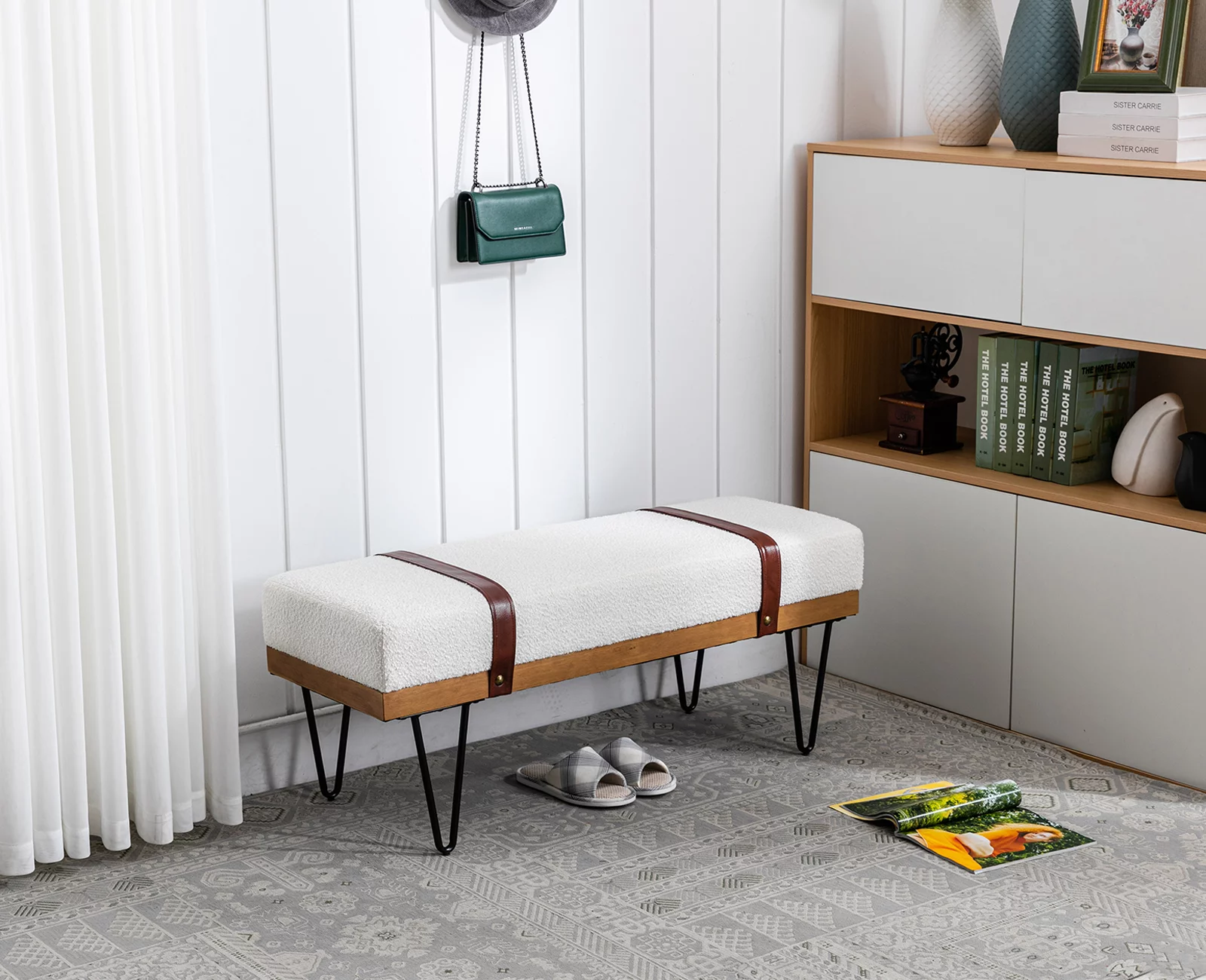 Guyou Modern Faux Fur Rectangle Ottoman Bench with Two Straps and Metal Legs, Upholstered Bed End Bench Entryway Shoe Bench Dining Table Bench Footstool for Bedroom Living Room, White