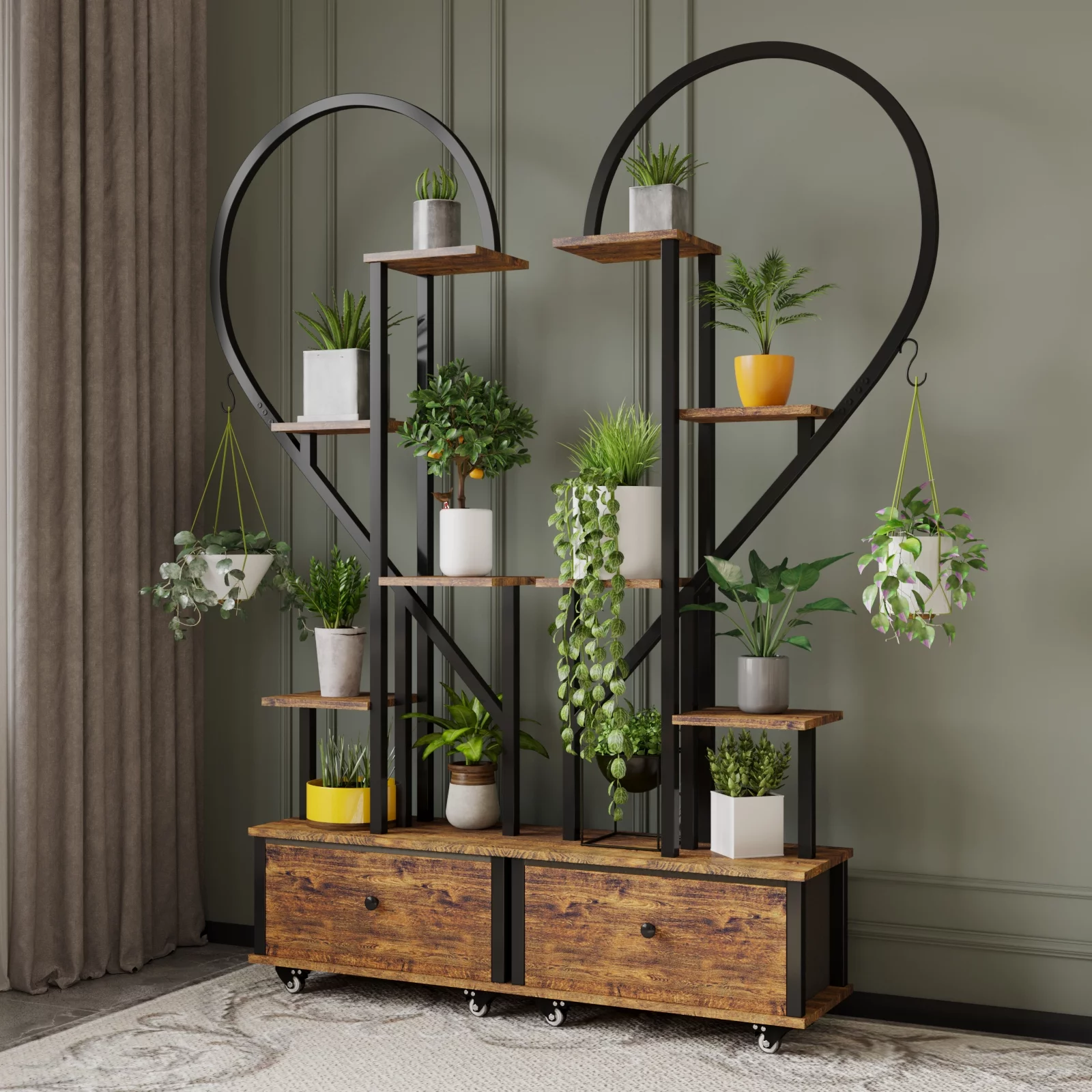 Walsport 6 Tier Plant Stand Indoor,Heart-Shape Plant Shelf with Drawer&Roller,Metal with Wood Plant Shelf for Home Decor,2pcs