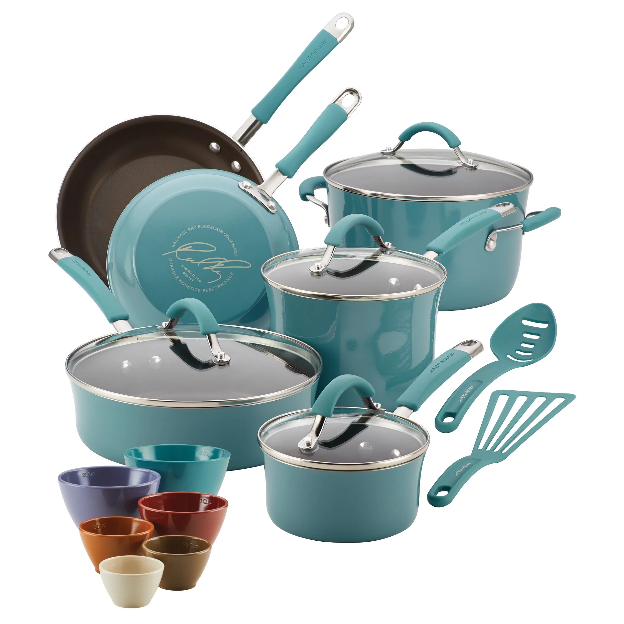 Rachael Ray Cucina 18 Piece Hard Enamel Nonstick Pots and Pans and Prep Bowl Set, Blue
