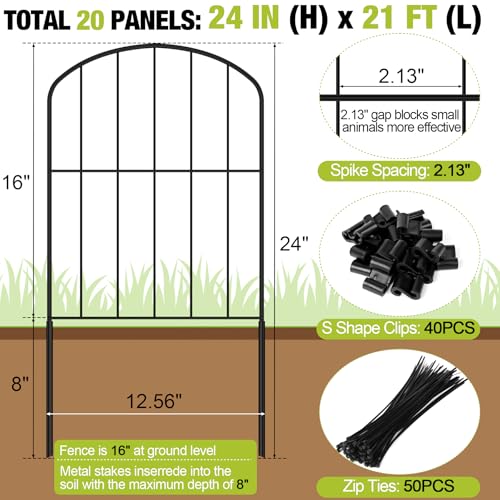 Decorative Garden Fence 24in (H) x 10.5ft (L), 10 Panels No Dig Garden Fencing Animal Barrier for Dogs Rabbits Arched Flower Bed Edging, Metal Wire Border Panel for Outdoor Patio Yard Decor