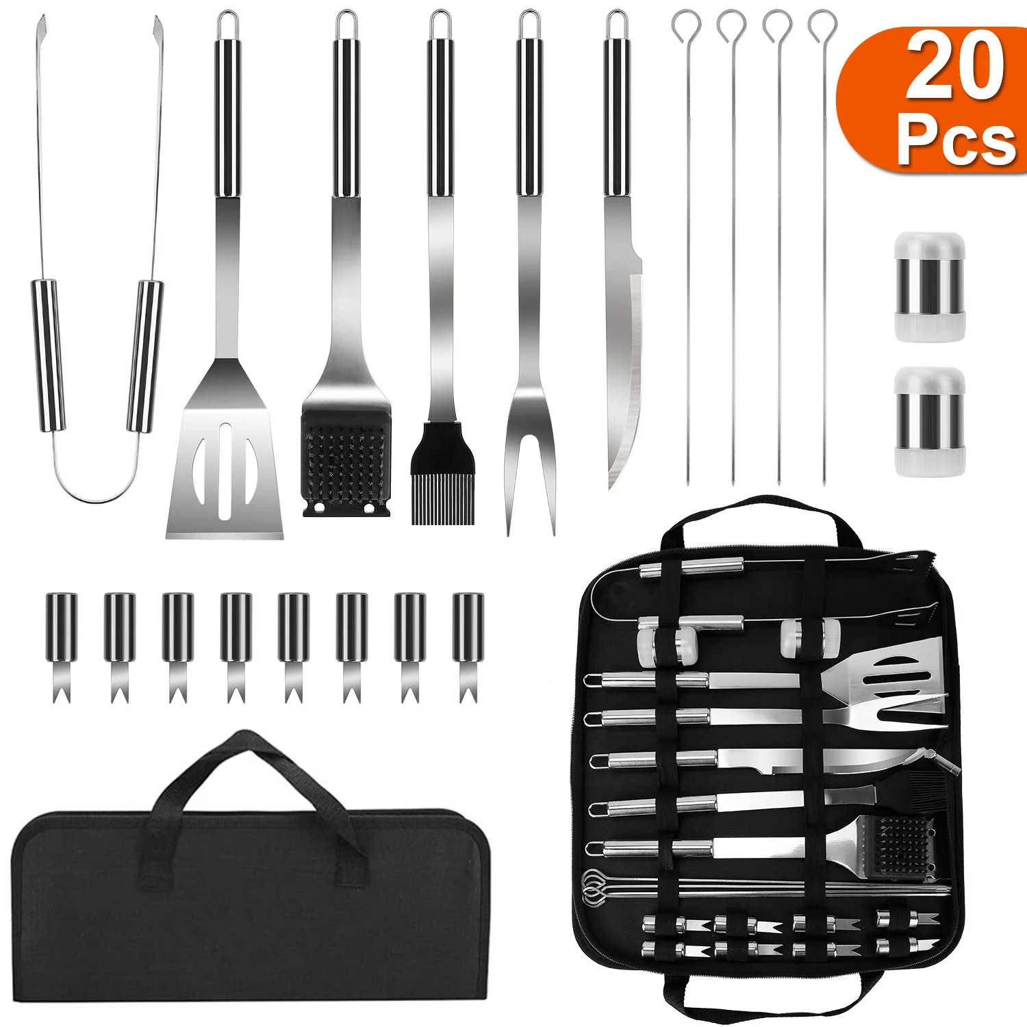 LakeForest Stainless Steel BBQ Grill Tool Kit Grilling Utensil Accessories w/ Spatula Tongs Fork Knife Brush Pepper Salt Shaker Bottle Grilled Skewers Corn Needles