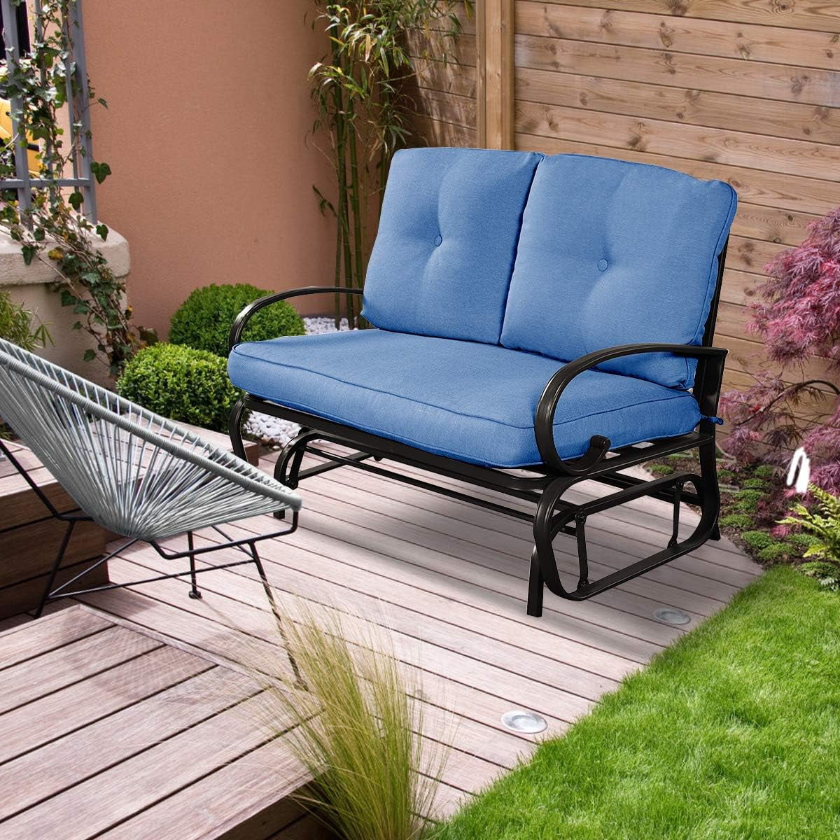 Outdoor Glider Bench, Patio 2 Person Loveseat with Removable Cushion, Padded Seat, Stable Steel Frame, Outside Glider Swing Chair for Deck, Poolside, Backyard, Balcony, Porch Glider(Navy)