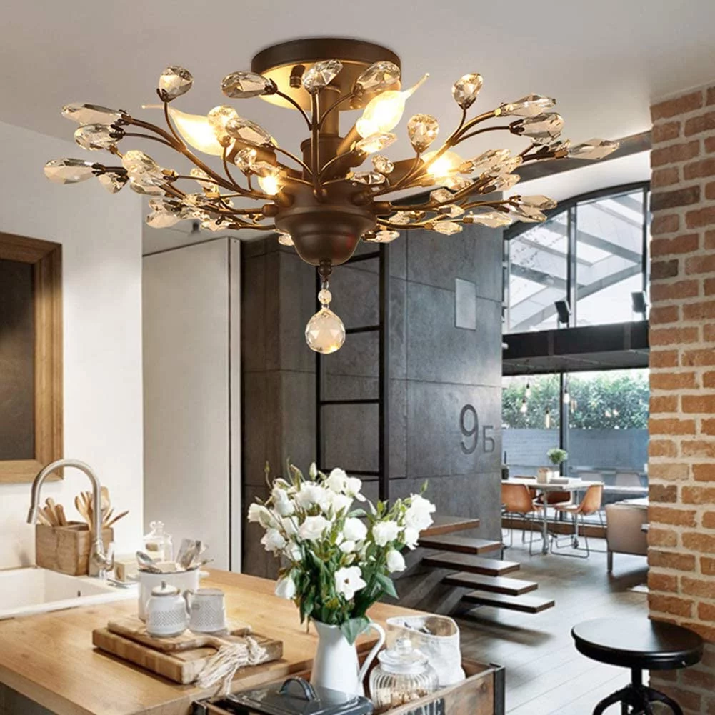 Miumaeov Vintage Large Crystal Chandelier Modern Semi Flush Mount Ceiling Light Fixture Chandelier Lighting for Kitchen Bedroom Living Room Dining Room Hallway Foyer