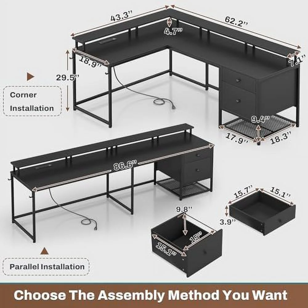 L Shaped Office Desk  Reversible 62" Corner Computer Desk with Drawers for Legal/Letter File & Power Outlets  Gaming Desk with LED Strip for  Office  Black