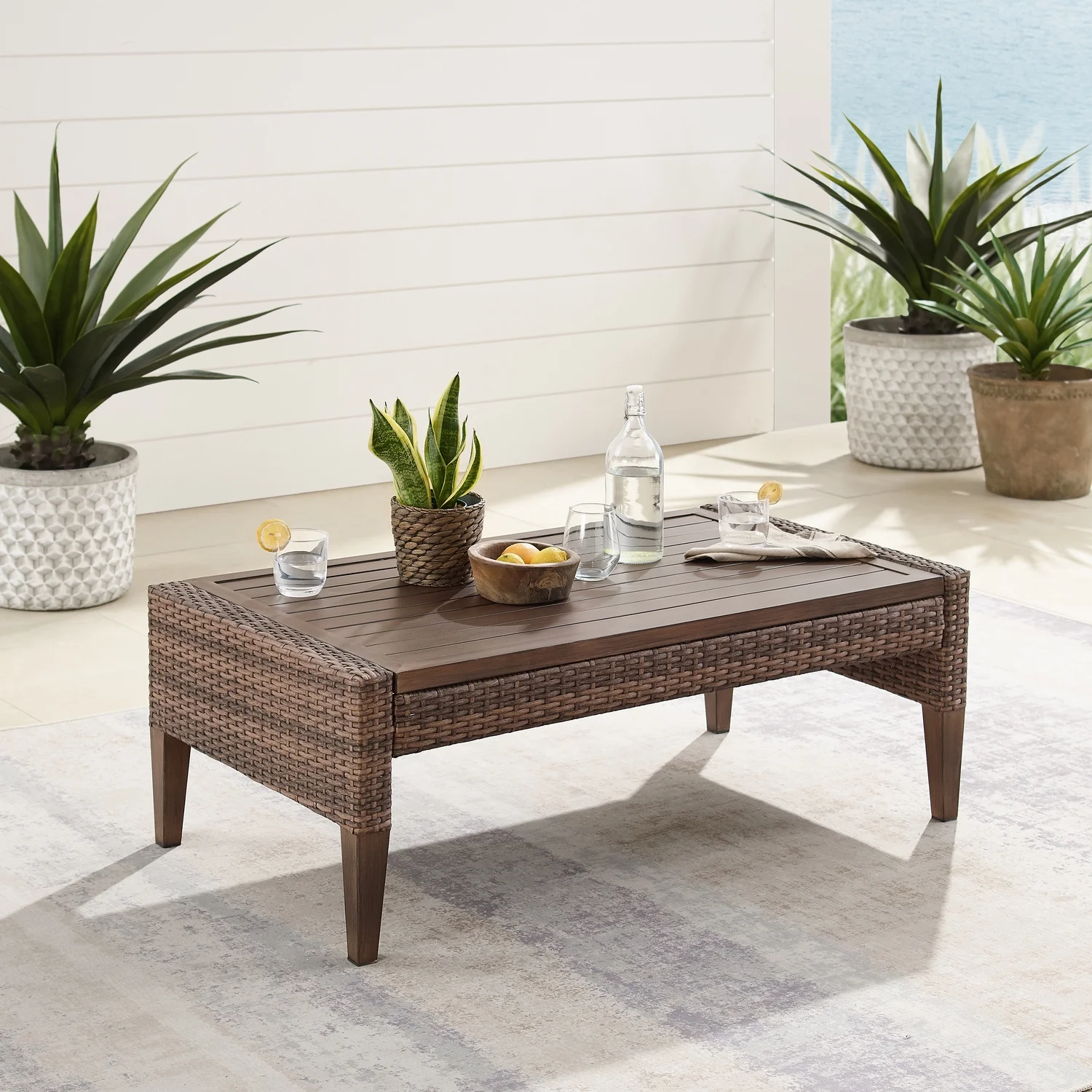 Crosley Furniture Capella PE Wicker / Rattan Outdoor Coffee Table in Brown