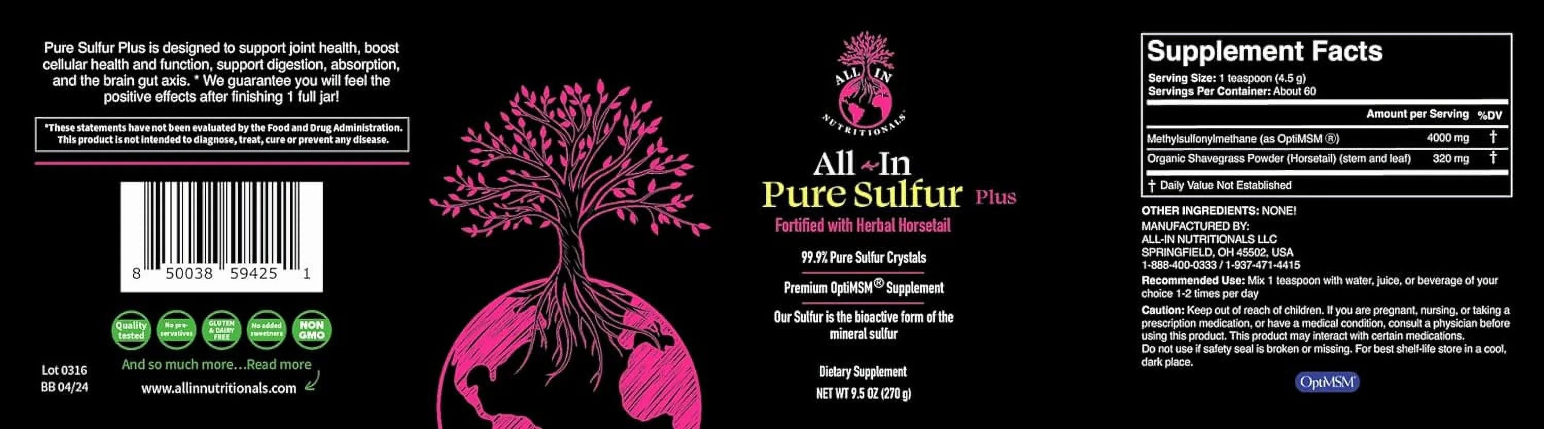All In Nutritionals Pure Sulfur-60 Servings Per Jar! A one-of-a-Kind Formula Designed to Support Joint Health, Boost Cellular Health and Function, Support Digestion and The Brain Gut axis