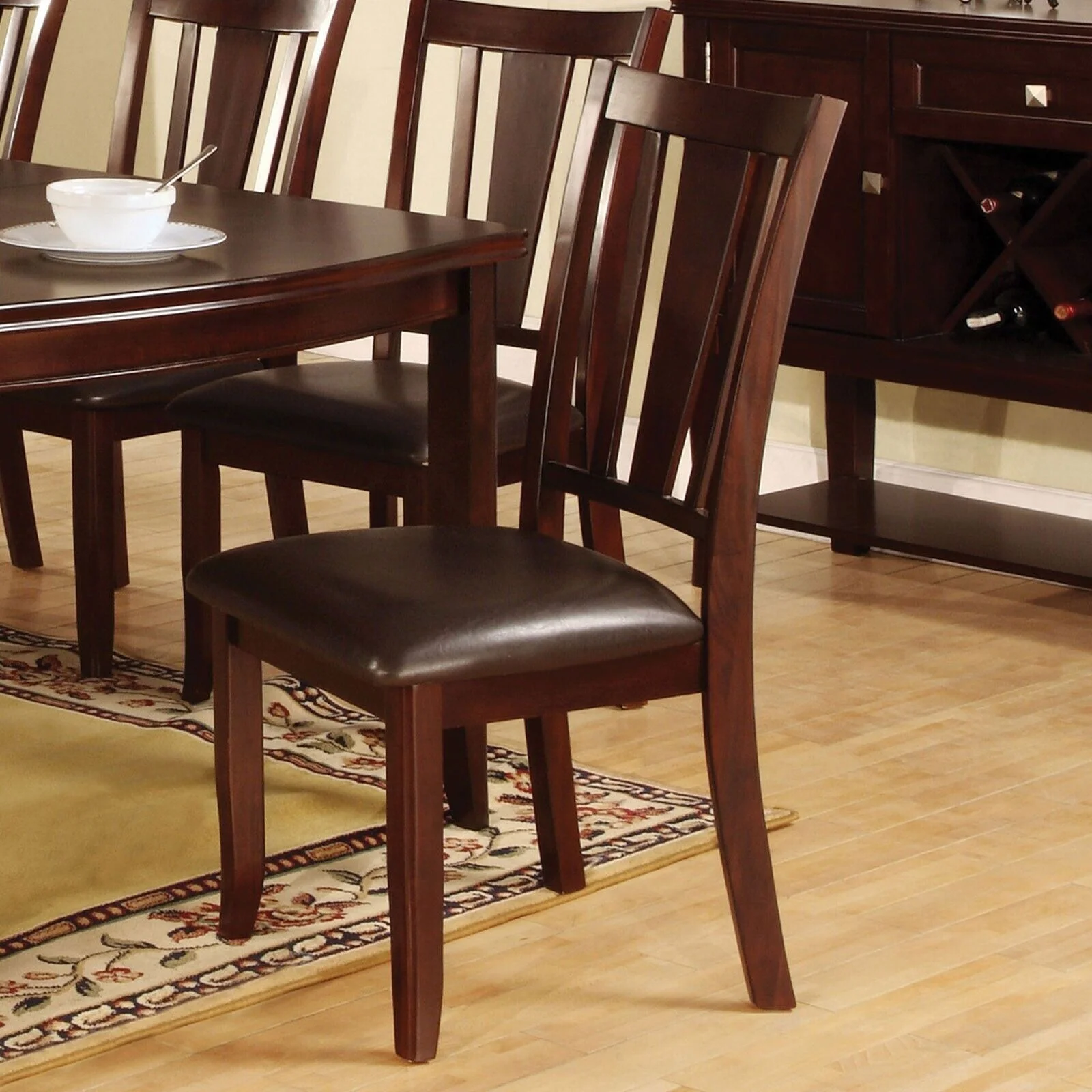 Transitional Dining Room Set of 6 Dining Side Chairs Espresso Solid wood Leatherette Cushion Seat Unique Back Design Furniture