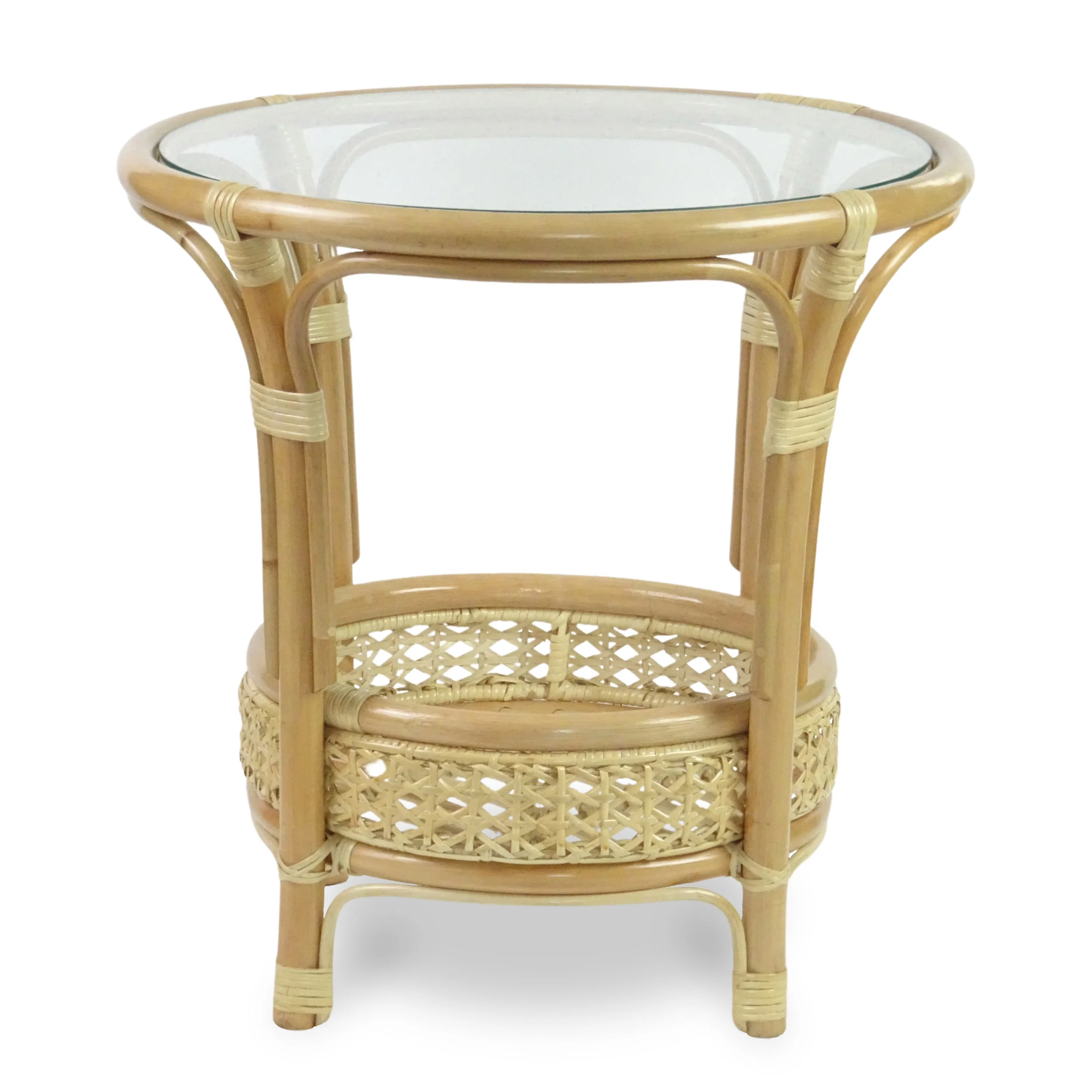 Pelangi Coffee Round Table Natural Rattan Wicker with Glass Top Handmade, Natural