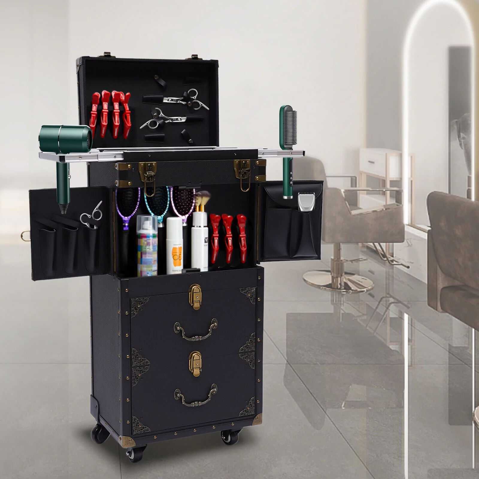 Miumaeov Portable Rolling Makeup Train Case Hairdressing Clipper Trimmer Display Suitcase Travel Organizer Beauty Salon Cosmetic Luggage Box