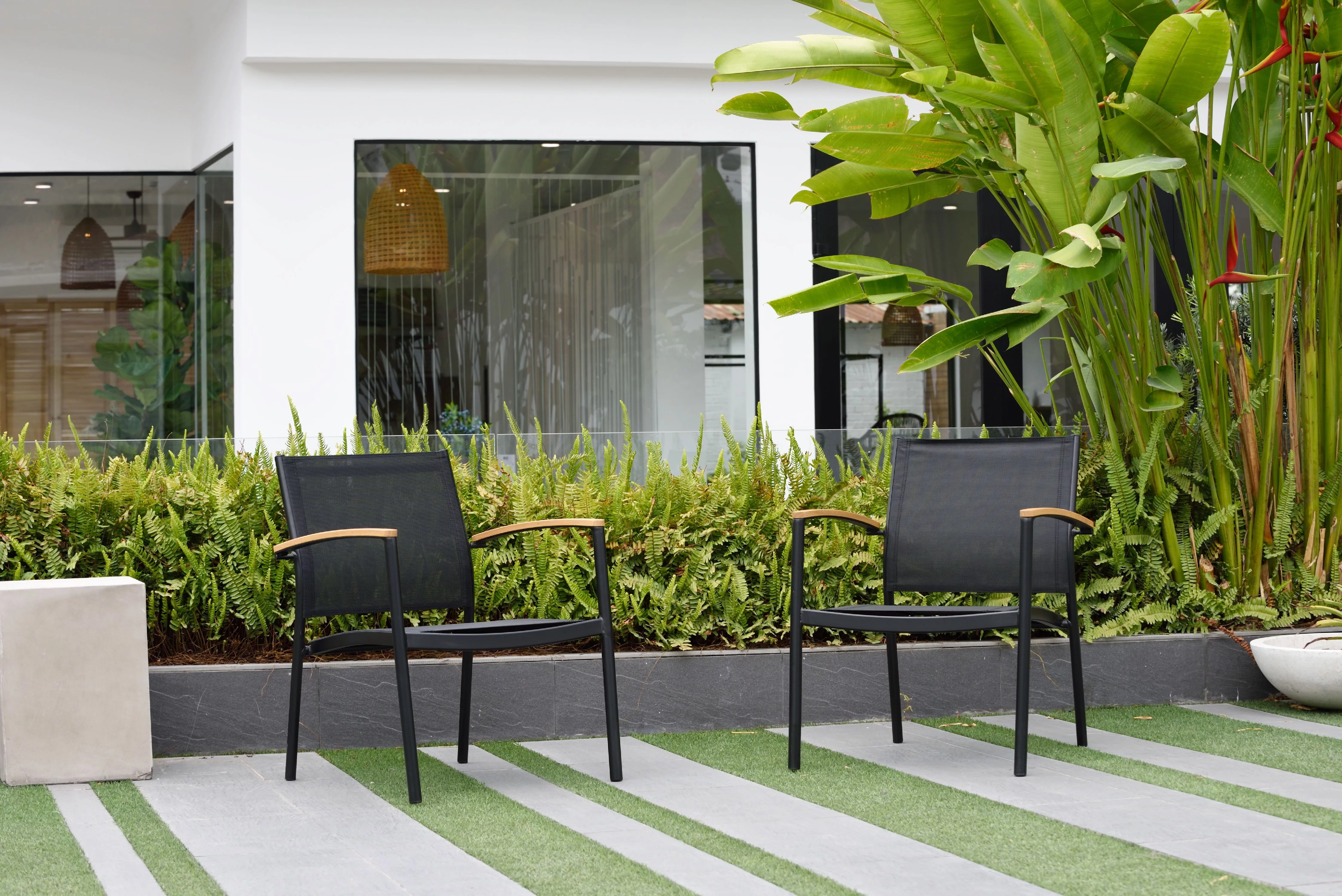 Amazonia Pierre Teak Finish & Aluminum Patio Stacking Sofa Chairs, Set of 2, Black