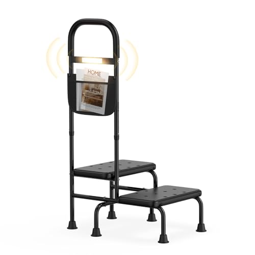 2 Step Stool with Handle for Elderly Heavy Duty Bed Steps for High Beds for Adults Two Step Stools for Seniors with Adjustable Handrail Non-Skid Platform LED Light Foot Stool for Kitchen Bathtub