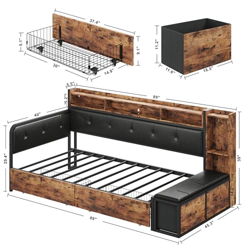 ANCTOR Corner Bed Frame, Twin Daybed with 2 Drawers & Charging Station, Platform Bed Frame Bookcase Headboard for Living Room, Bedroom and Guest Room