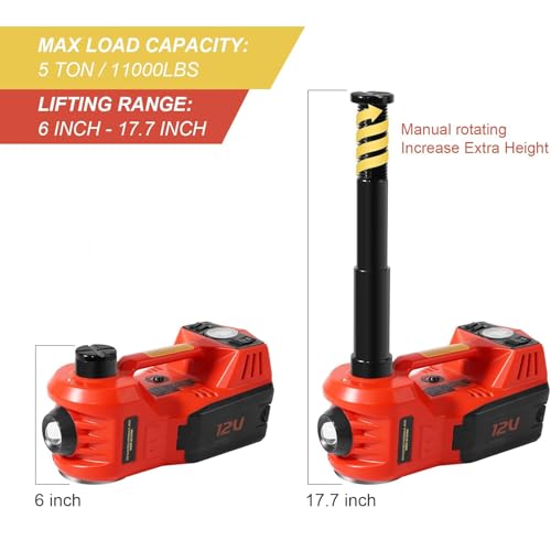 Electric Car Jack Kit 5 Ton 12V Floor Jack with Impact Wrench and Tire Inflator Pump Portable Hydraulic Car Jack for SUV Sedans Tire Change with LED Light, Lifting Height 6 to 17.7 Inch