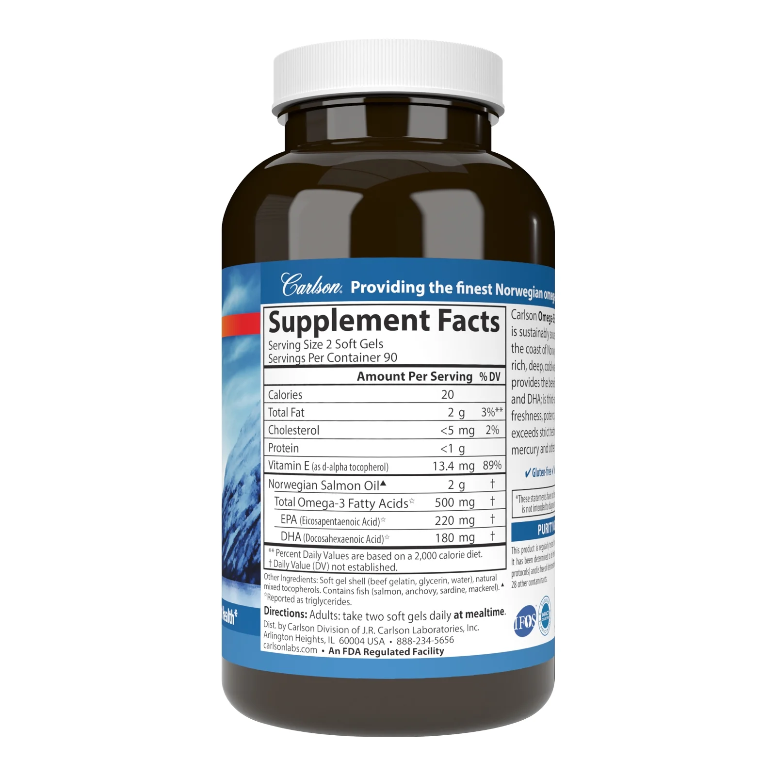 Carlson - Norwegian Salmon Oil, 500 mg Omega-3s, Norwegian, Wild Caught, Sustainably Sourced, 180 Softgels