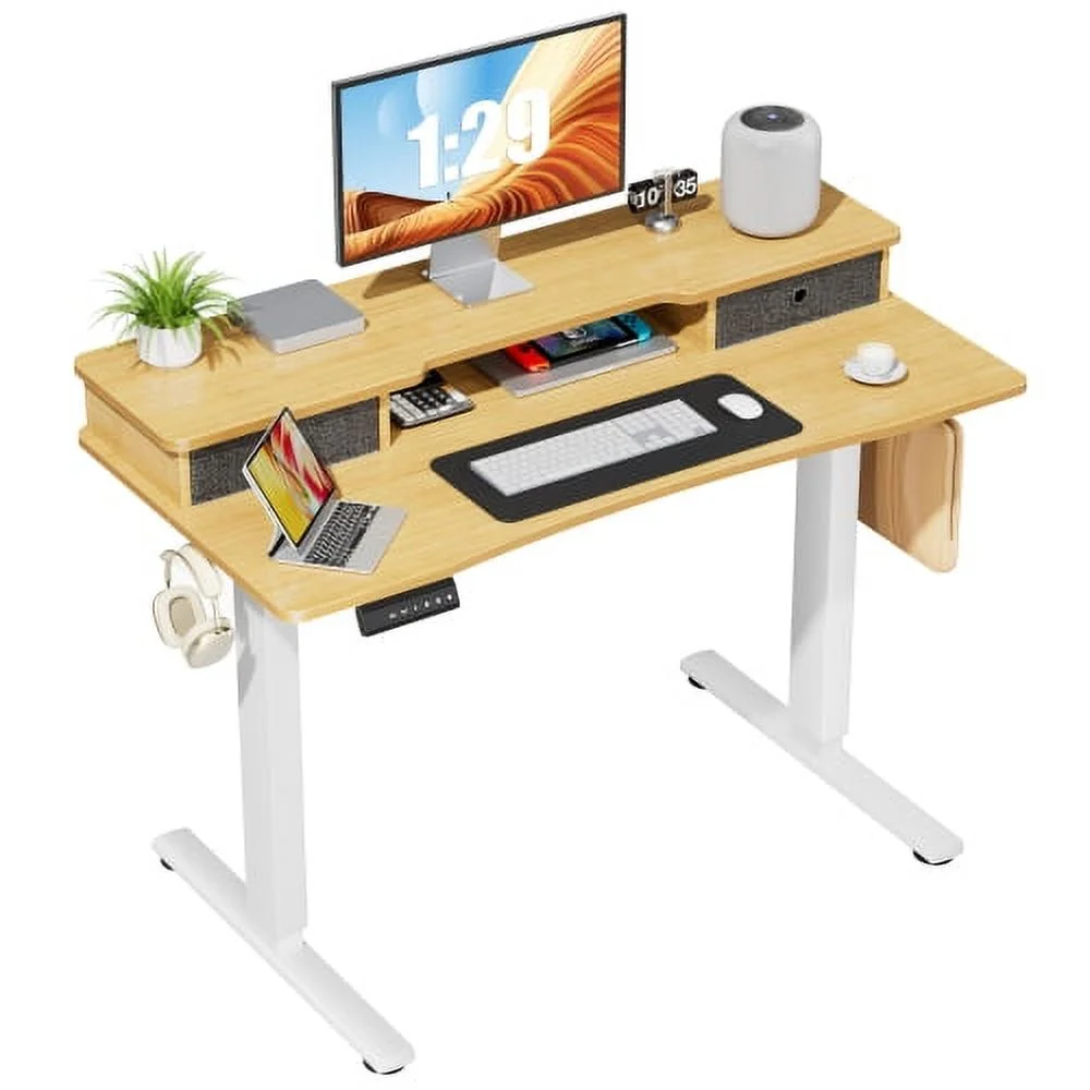 Home Office Height Adjustable Electric Standing Desk with Storage Shelf Double Drawer