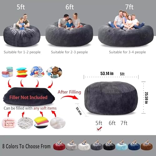 Bean Bag Chair for Adults Kids Oversize Giant Beanbag Chair Cover Without Filler Round Fluffy Comfortable Big Bean Bag Couch Chairs for Bedroom Lounge Large Sofa Sitting Chair,6FT Light Grey